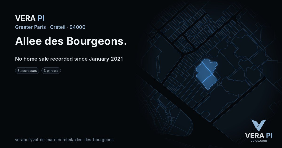 Allee des Bourgeons, Créteil at night – every parcel coloured by the prices around it, the street's own parcels lit
