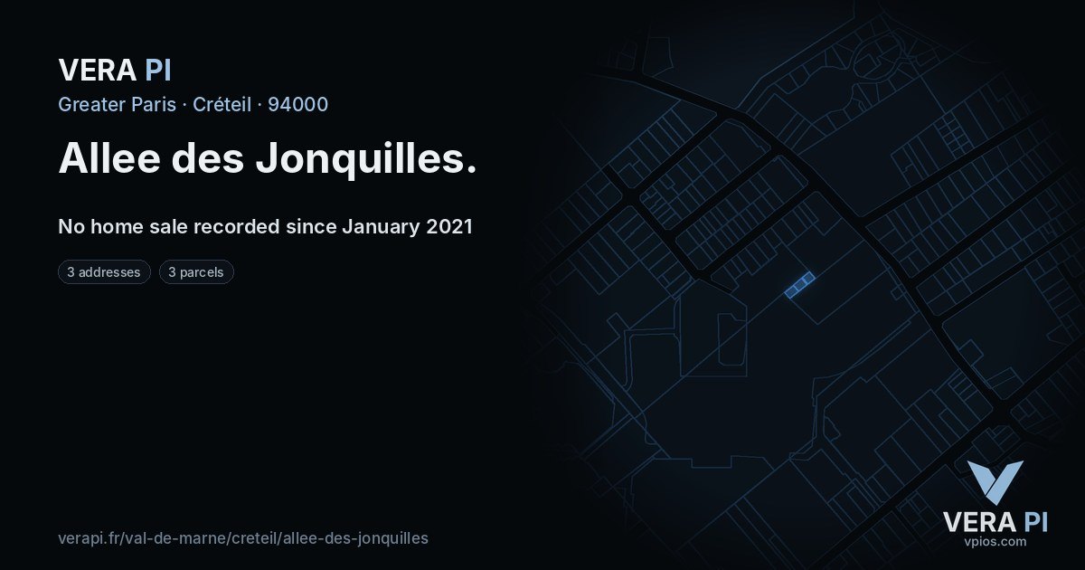 Allee des Jonquilles, Créteil at night – every parcel coloured by the prices around it, the street's own parcels lit