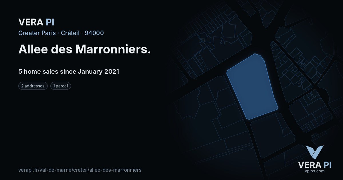 Allee des Marronniers, Créteil at night – every parcel coloured by the prices around it, the street's own parcels lit