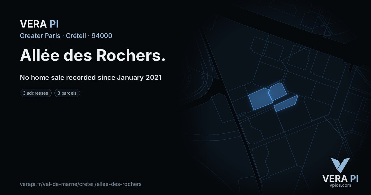 Allée des Rochers, Créteil at night – every parcel coloured by the prices around it, the street's own parcels lit