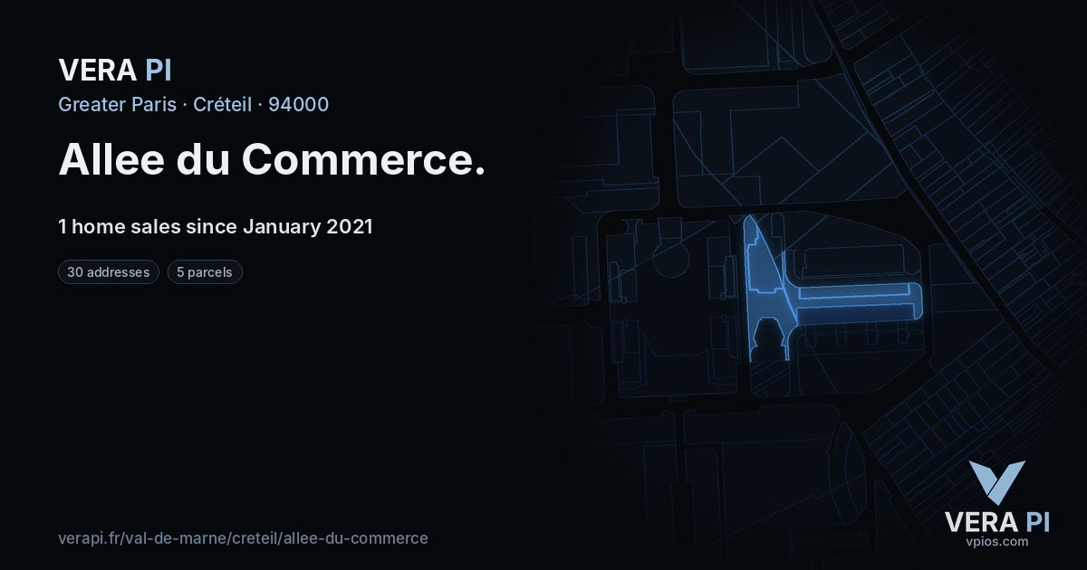 Allee du Commerce, Créteil at night – every parcel coloured by the prices around it, the street's own parcels lit