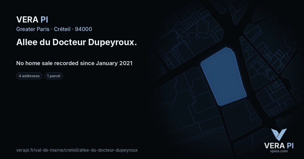 Allee du Docteur Dupeyroux, Créteil at night – every parcel coloured by the prices around it, the street's own parcels lit