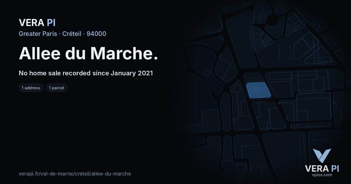 Allee du Marche, Créteil at night – every parcel coloured by the prices around it, the street's own parcels lit