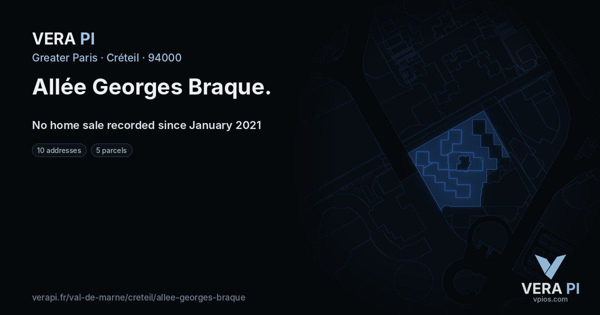 Allée Georges Braque, Créteil at night – every parcel coloured by the prices around it, the street's own parcels lit