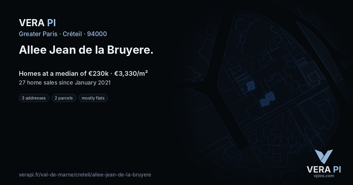 Allee Jean de la Bruyere, Créteil at night – every parcel coloured by the prices around it, the street's own parcels lit