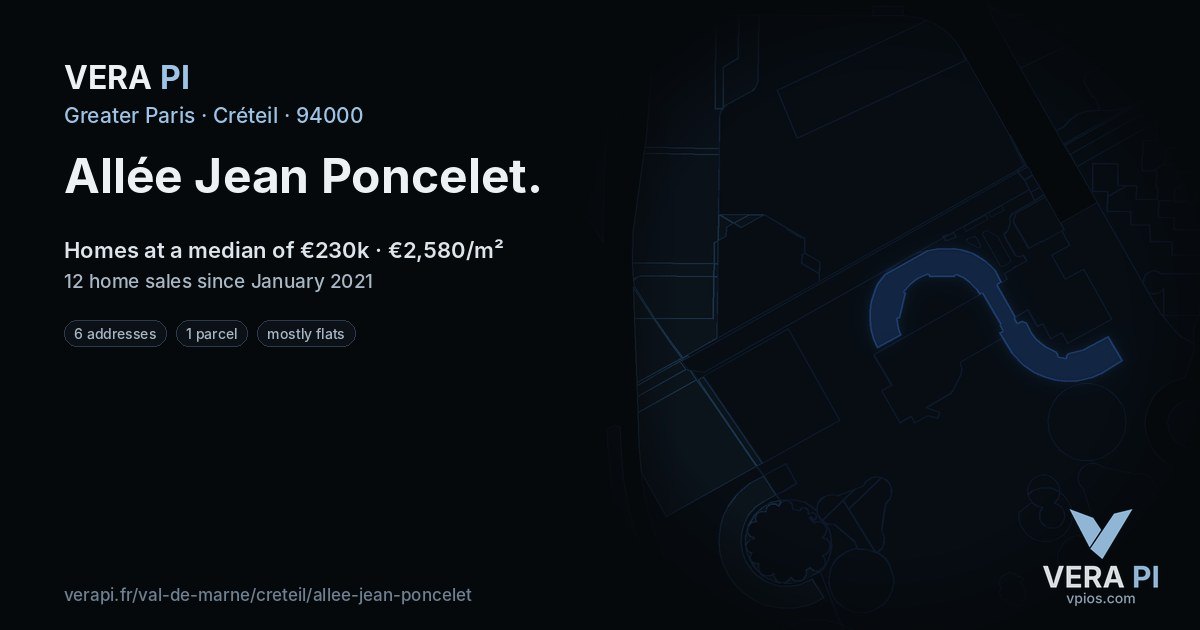Allée Jean Poncelet, Créteil at night – every parcel coloured by the prices around it, the street's own parcels lit