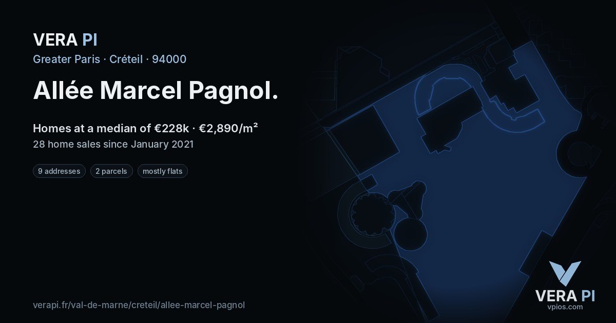 Allée Marcel Pagnol, Créteil at night – every parcel coloured by the prices around it, the street's own parcels lit