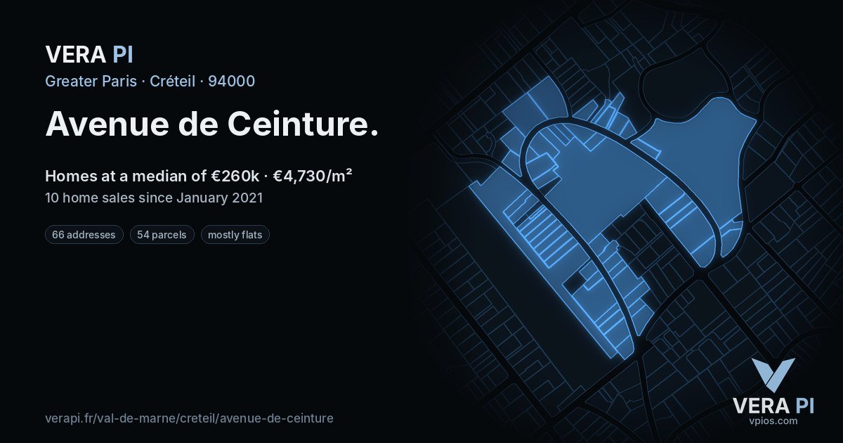 Avenue de Ceinture, Créteil at night – every parcel coloured by the prices around it, the street's own parcels lit