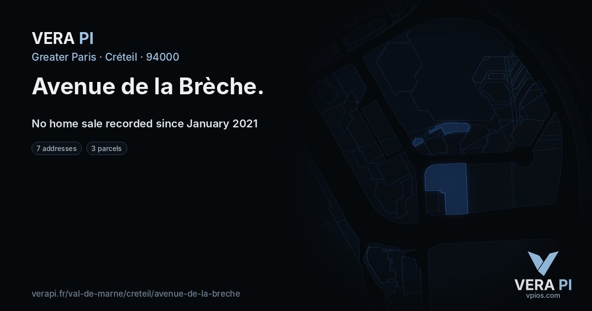 Avenue de la Brèche, Créteil at night – every parcel coloured by the prices around it, the street's own parcels lit