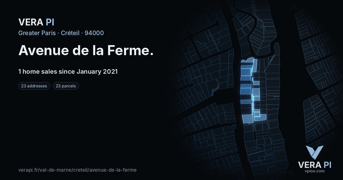Avenue de la Ferme, Créteil at night – every parcel coloured by the prices around it, the street's own parcels lit