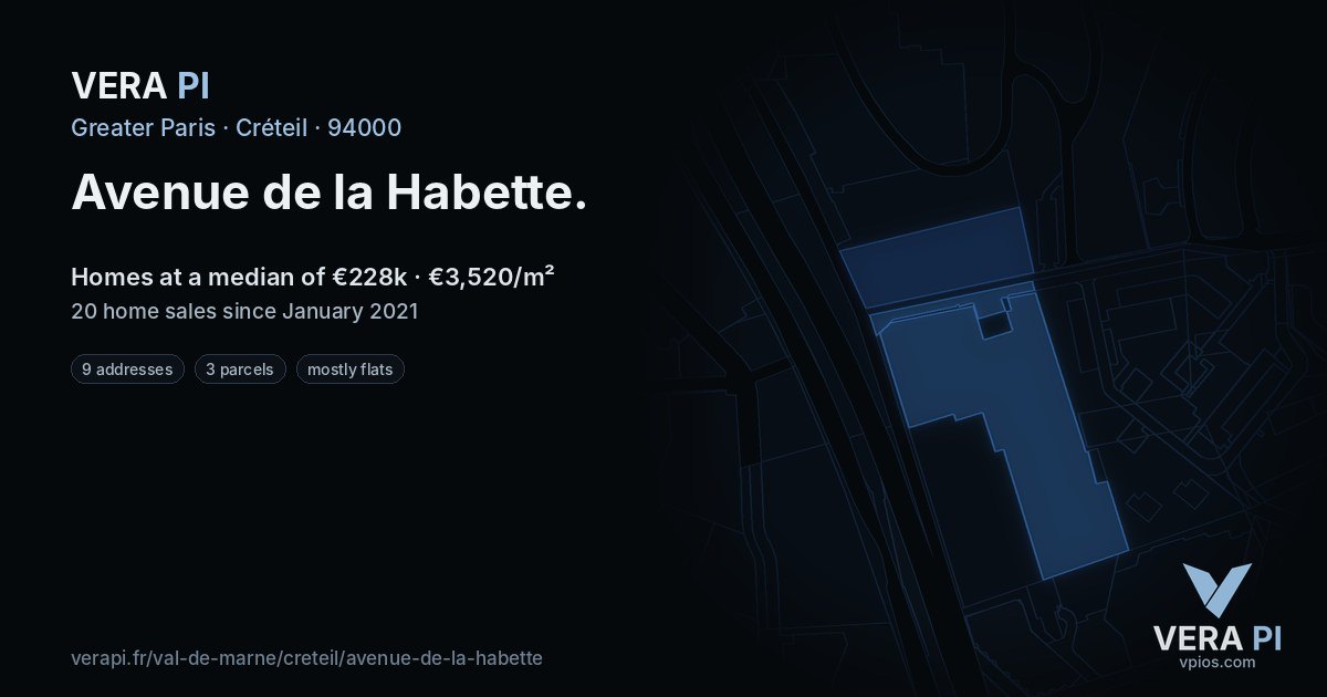 Avenue de la Habette, Créteil at night – every parcel coloured by the prices around it, the street's own parcels lit