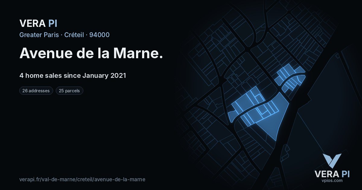 Avenue de la Marne, Créteil at night – every parcel coloured by the prices around it, the street's own parcels lit