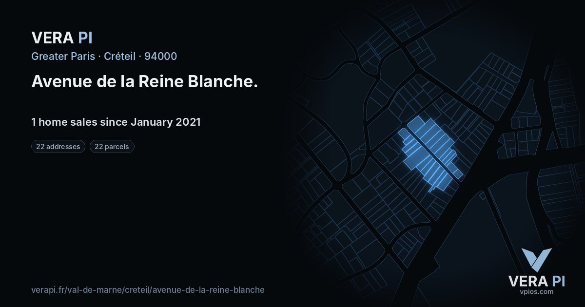 Avenue de la Reine Blanche, Créteil at night – every parcel coloured by the prices around it, the street's own parcels lit