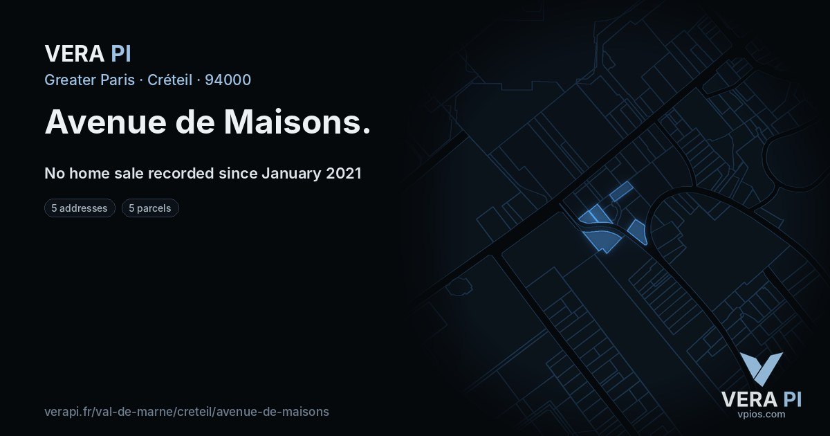 Avenue de Maisons, Créteil at night – every parcel coloured by the prices around it, the street's own parcels lit