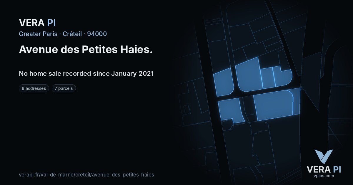 Avenue des Petites Haies, Créteil at night – every parcel coloured by the prices around it, the street's own parcels lit
