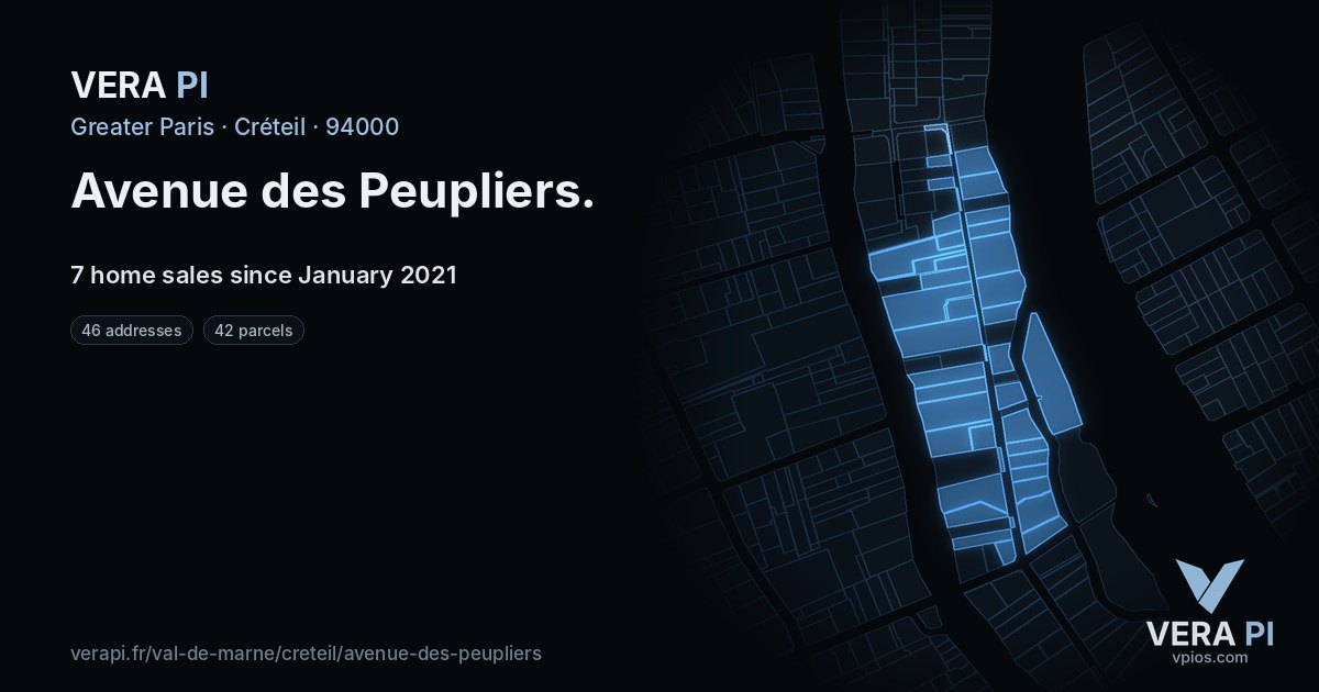Avenue des Peupliers, Créteil at night – every parcel coloured by the prices around it, the street's own parcels lit