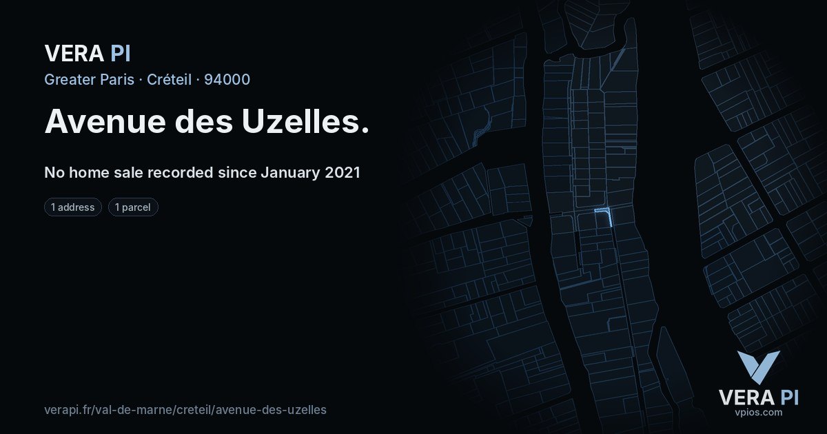 Avenue des Uzelles, Créteil at night – every parcel coloured by the prices around it, the street's own parcels lit