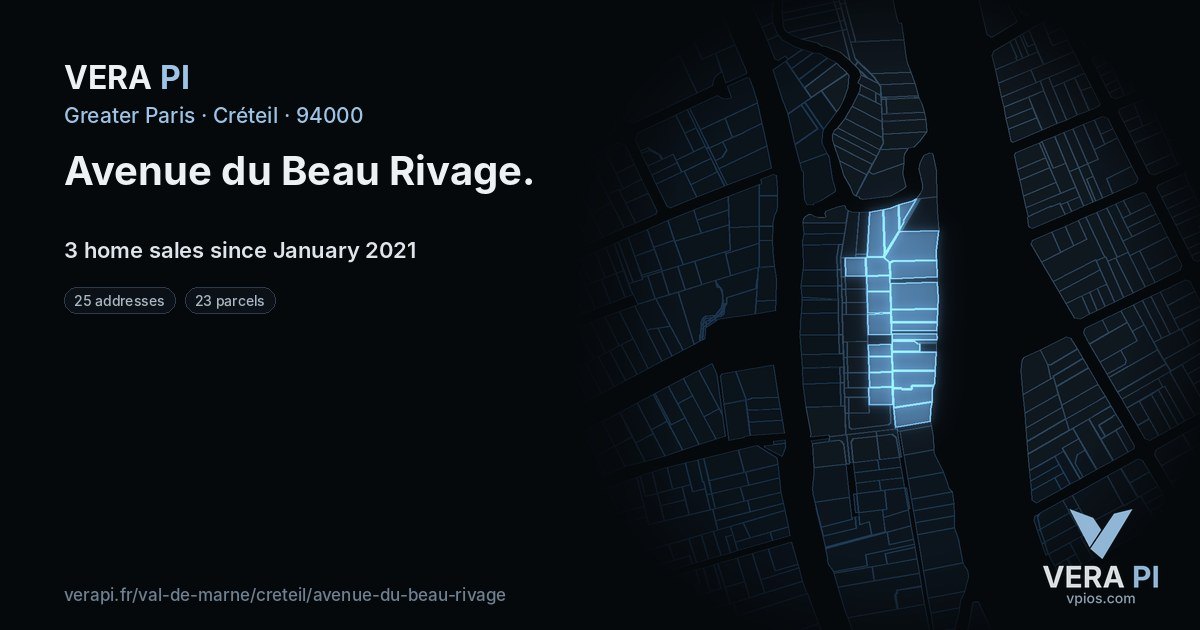 Avenue du Beau Rivage, Créteil at night – every parcel coloured by the prices around it, the street's own parcels lit