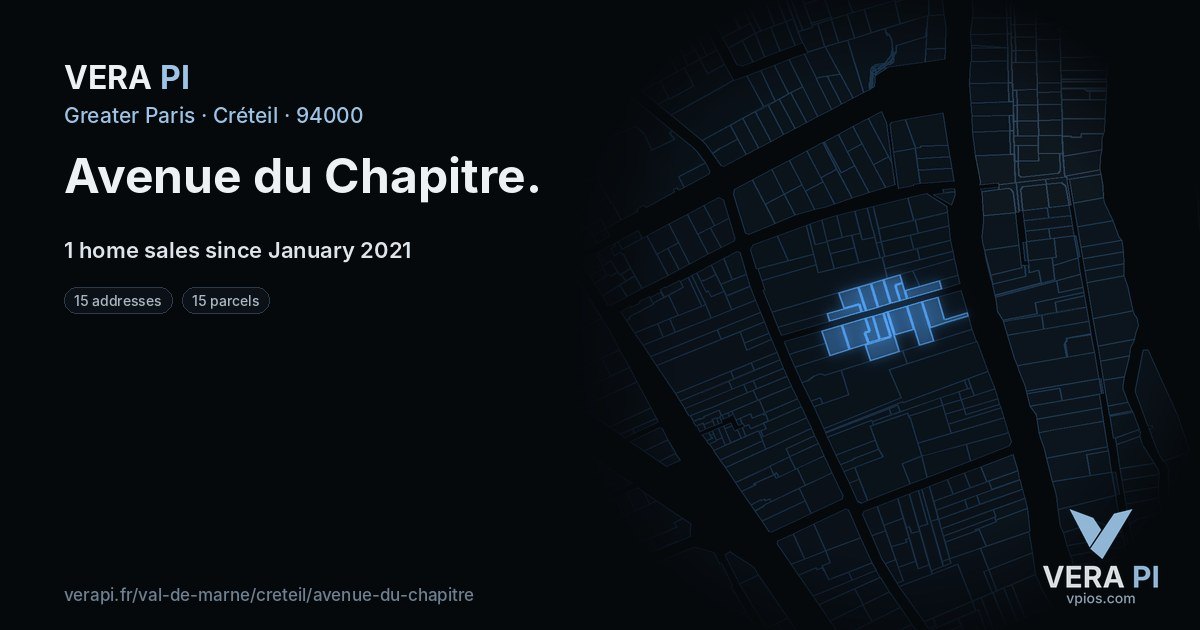 Avenue du Chapitre, Créteil at night – every parcel coloured by the prices around it, the street's own parcels lit