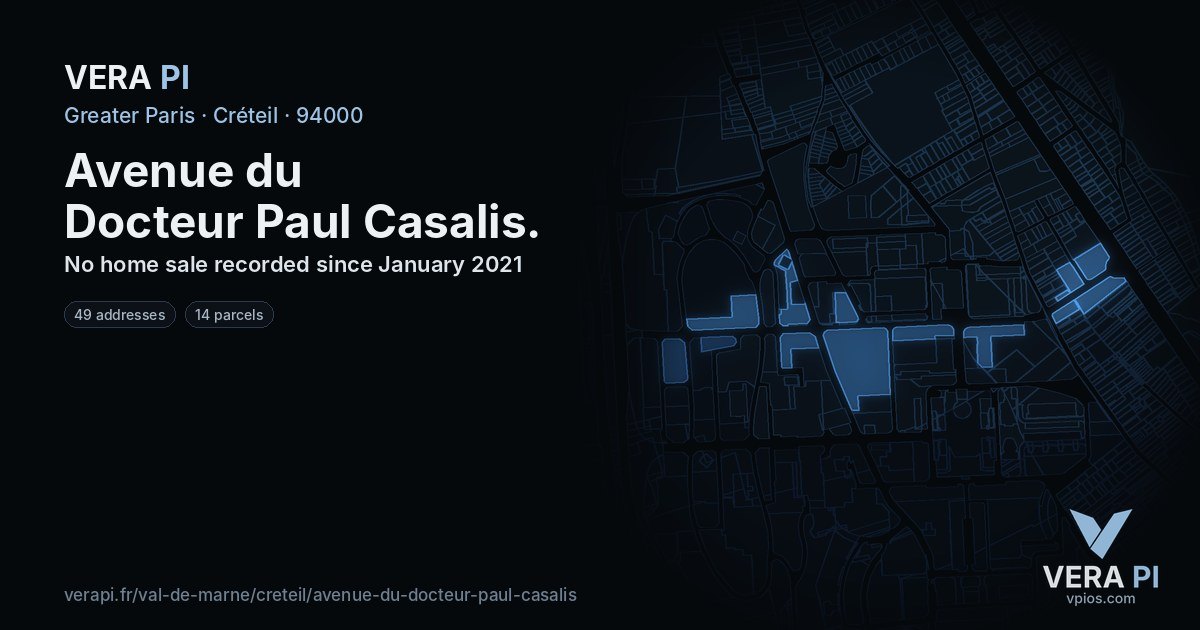 Avenue du Docteur Paul Casalis, Créteil at night – every parcel coloured by the prices around it, the street's own parcels lit