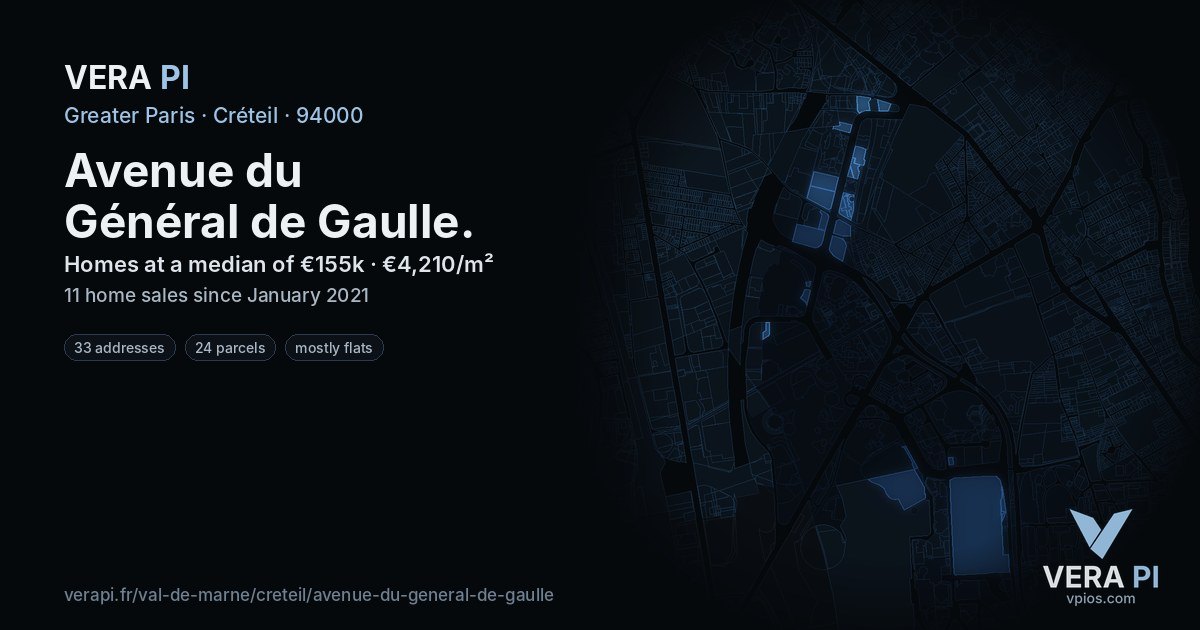 Avenue du Général de Gaulle, Créteil at night – every parcel coloured by the prices around it, the street's own parcels lit