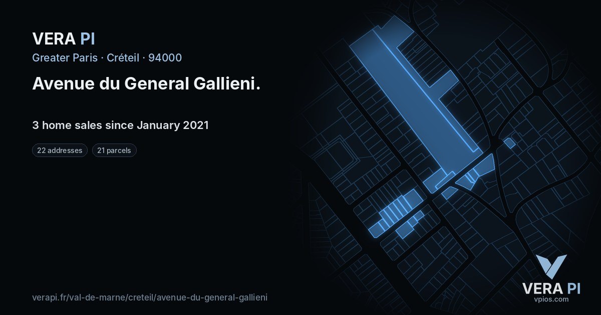 Avenue du General Gallieni, Créteil at night – every parcel coloured by the prices around it, the street's own parcels lit