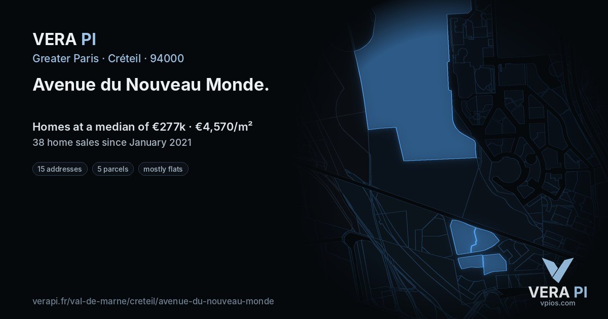 Avenue du Nouveau Monde, Créteil at night – every parcel coloured by the prices around it, the street's own parcels lit