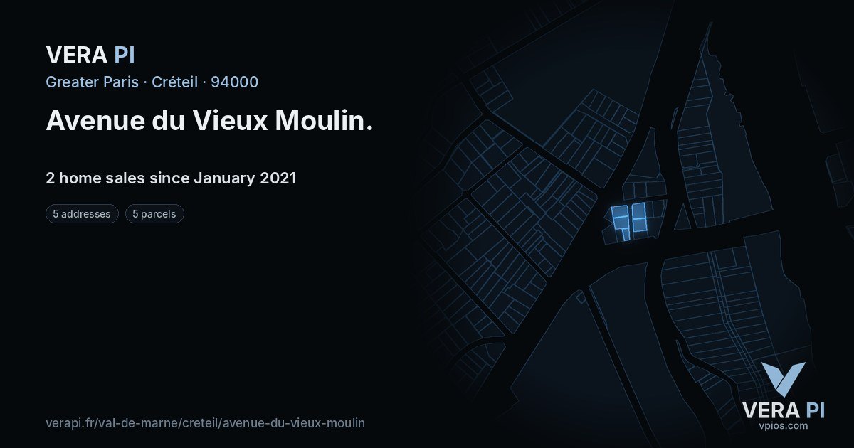 Avenue du Vieux Moulin, Créteil at night – every parcel coloured by the prices around it, the street's own parcels lit