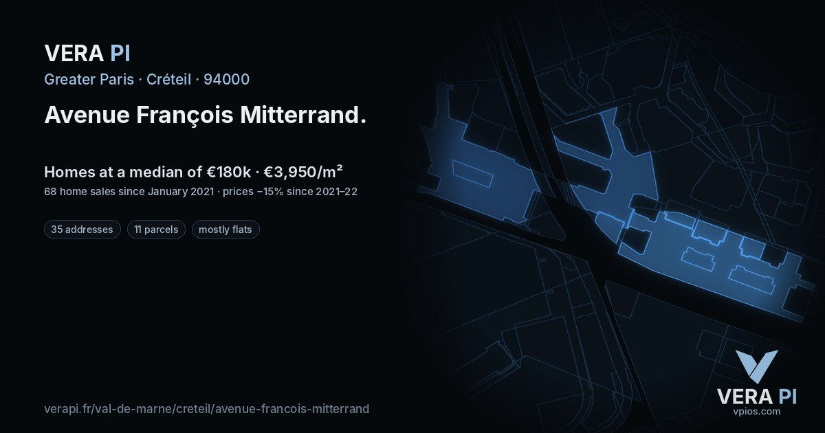Avenue François Mitterrand, Créteil at night – every parcel coloured by the prices around it, the street's own parcels lit