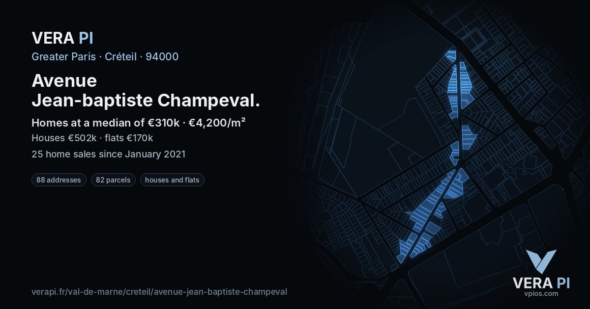 Avenue Jean-baptiste Champeval, Créteil at night – every parcel coloured by the prices around it, the street's own parcels lit