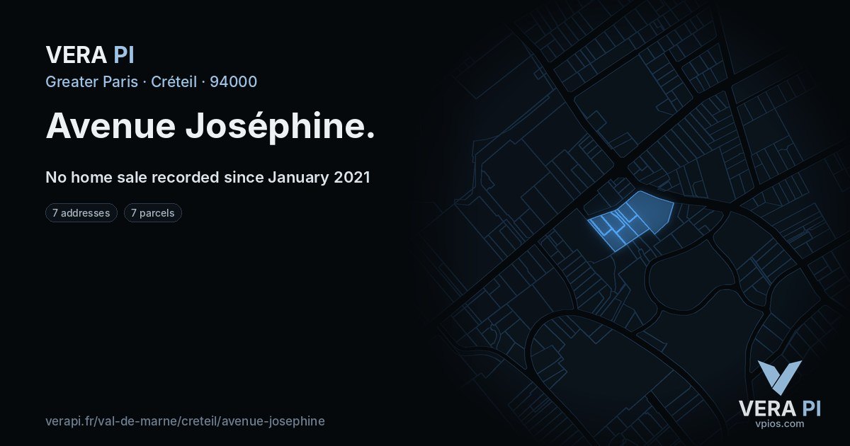 Avenue Joséphine, Créteil at night – every parcel coloured by the prices around it, the street's own parcels lit