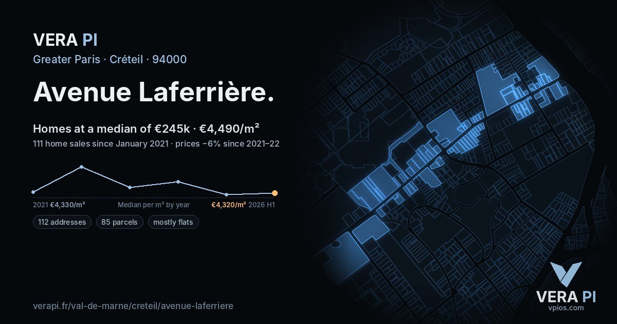 Avenue Laferrière, Créteil at night – every parcel coloured by the prices around it, the street's own parcels lit