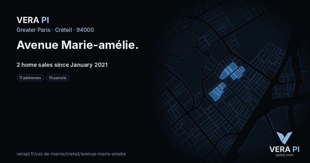 Avenue Marie-amélie, Créteil at night – every parcel coloured by the prices around it, the street's own parcels lit