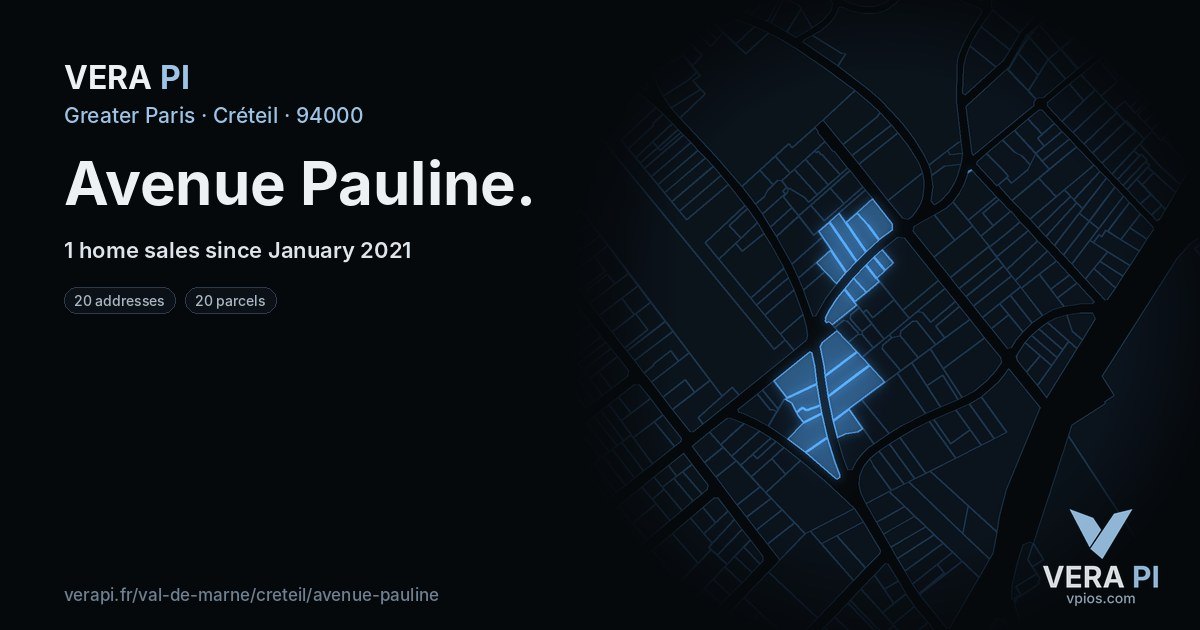 Avenue Pauline, Créteil at night – every parcel coloured by the prices around it, the street's own parcels lit