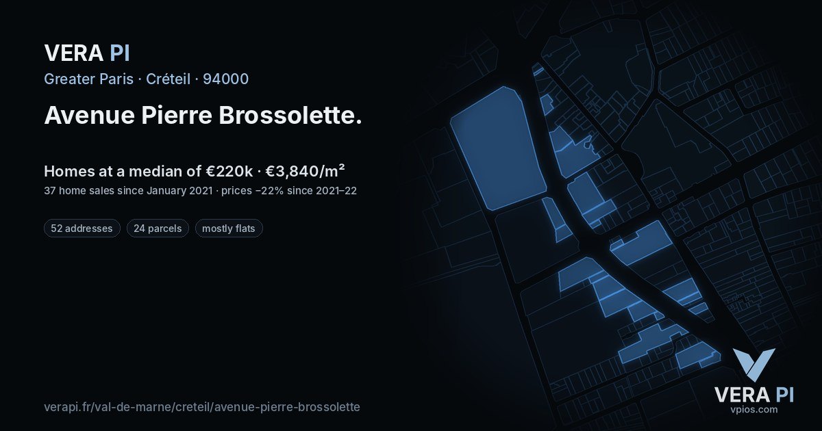 Avenue Pierre Brossolette, Créteil at night – every parcel coloured by the prices around it, the street's own parcels lit