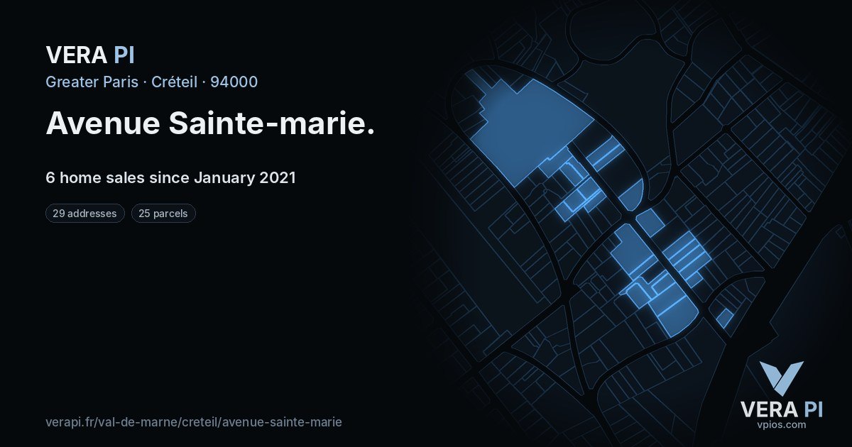 Avenue Sainte-marie, Créteil at night – every parcel coloured by the prices around it, the street's own parcels lit
