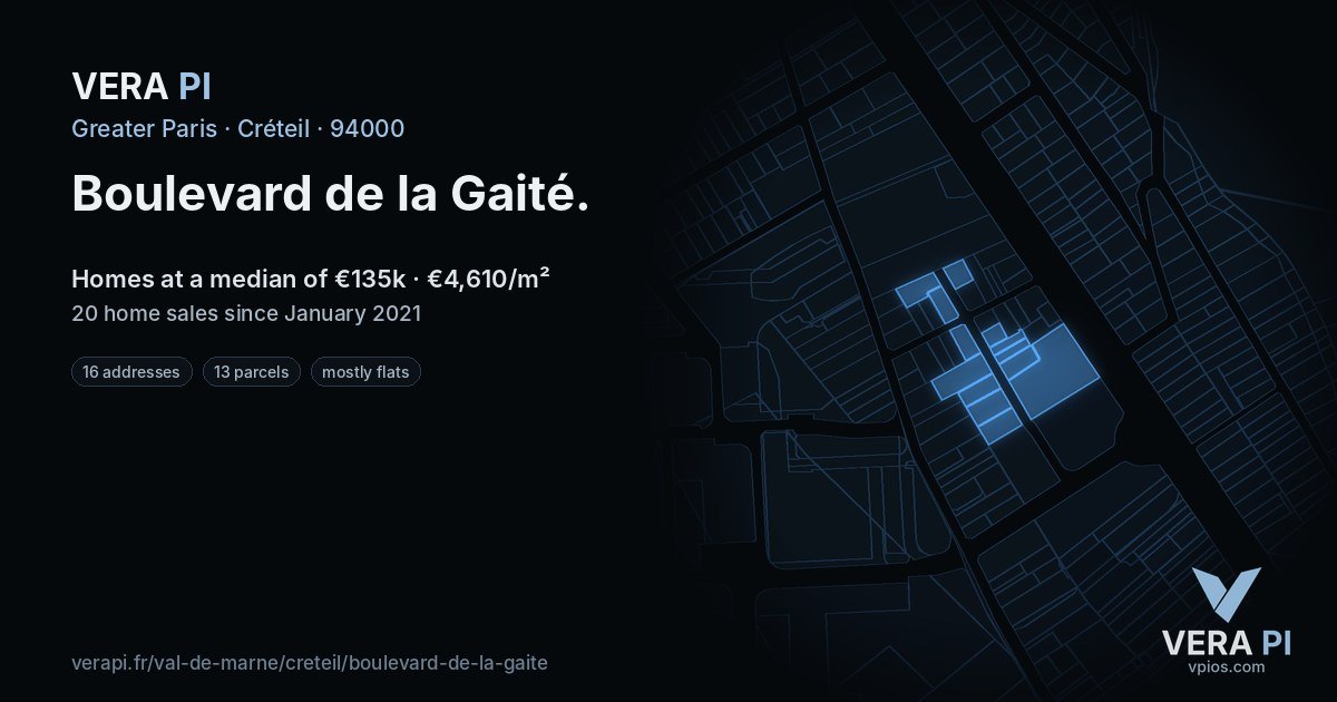 Boulevard de la Gaité, Créteil at night – every parcel coloured by the prices around it, the street's own parcels lit