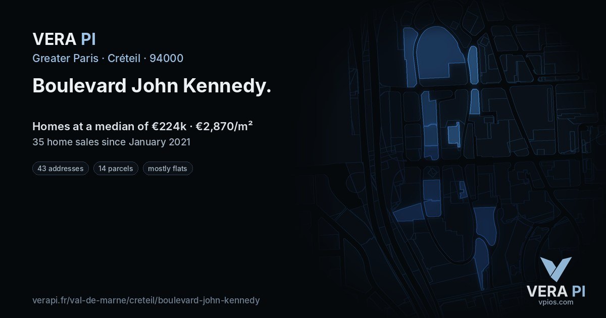 Boulevard John Kennedy, Créteil at night – every parcel coloured by the prices around it, the street's own parcels lit