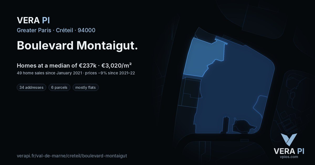 Boulevard Montaigut, Créteil at night – every parcel coloured by the prices around it, the street's own parcels lit