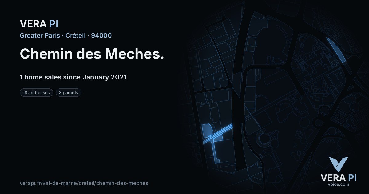 Chemin des Meches, Créteil at night – every parcel coloured by the prices around it, the street's own parcels lit