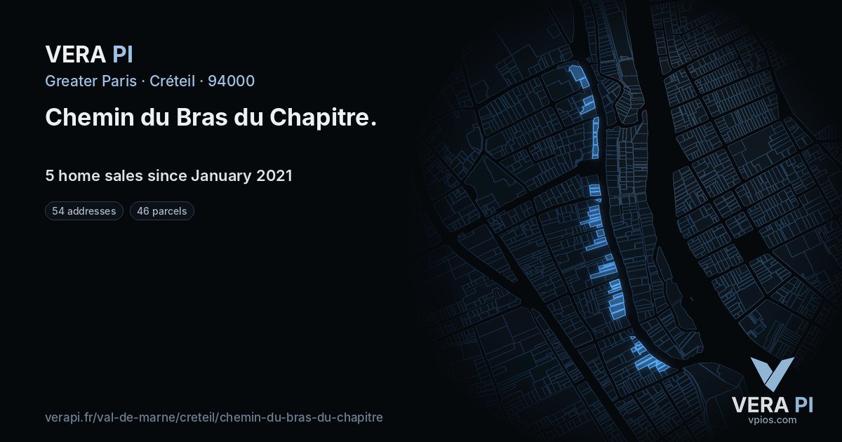 Chemin du Bras du Chapitre, Créteil at night – every parcel coloured by the prices around it, the street's own parcels lit