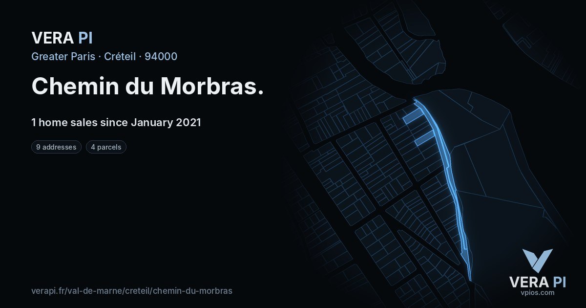 Chemin du Morbras, Créteil at night – every parcel coloured by the prices around it, the street's own parcels lit