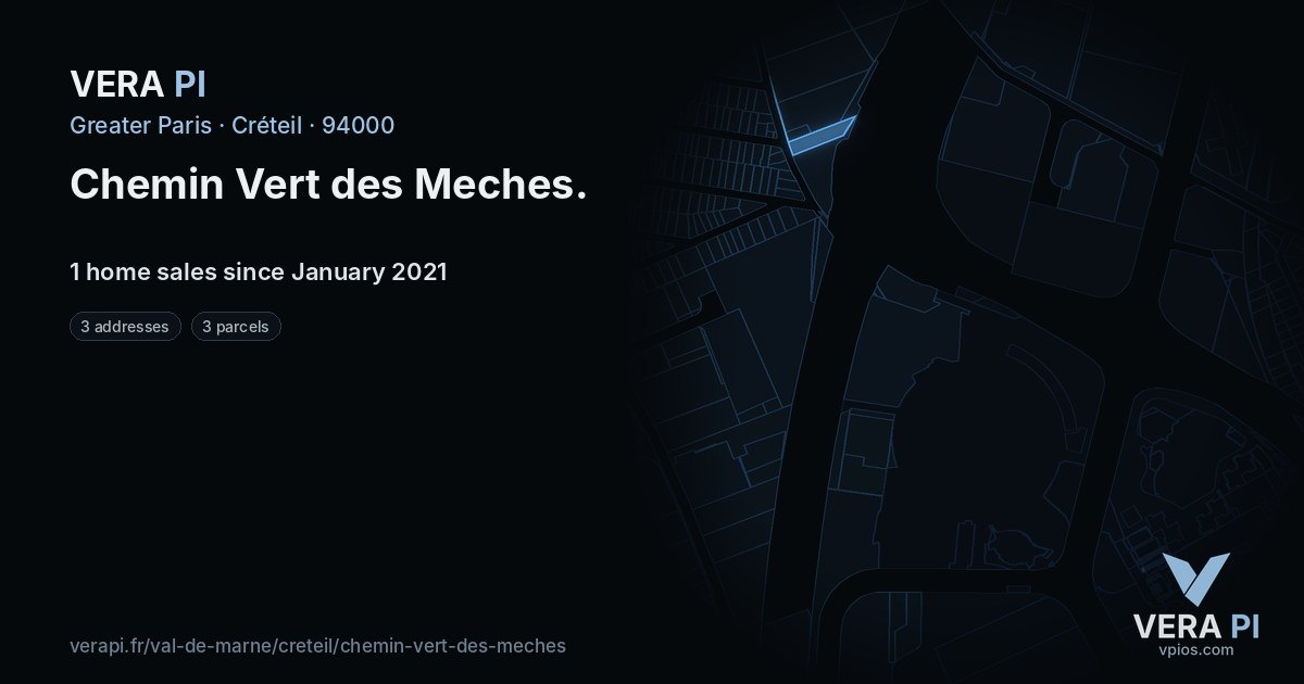 Chemin Vert des Meches, Créteil at night – every parcel coloured by the prices around it, the street's own parcels lit