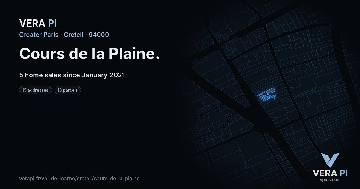 Cours de la Plaine, Créteil at night – every parcel coloured by the prices around it, the street's own parcels lit