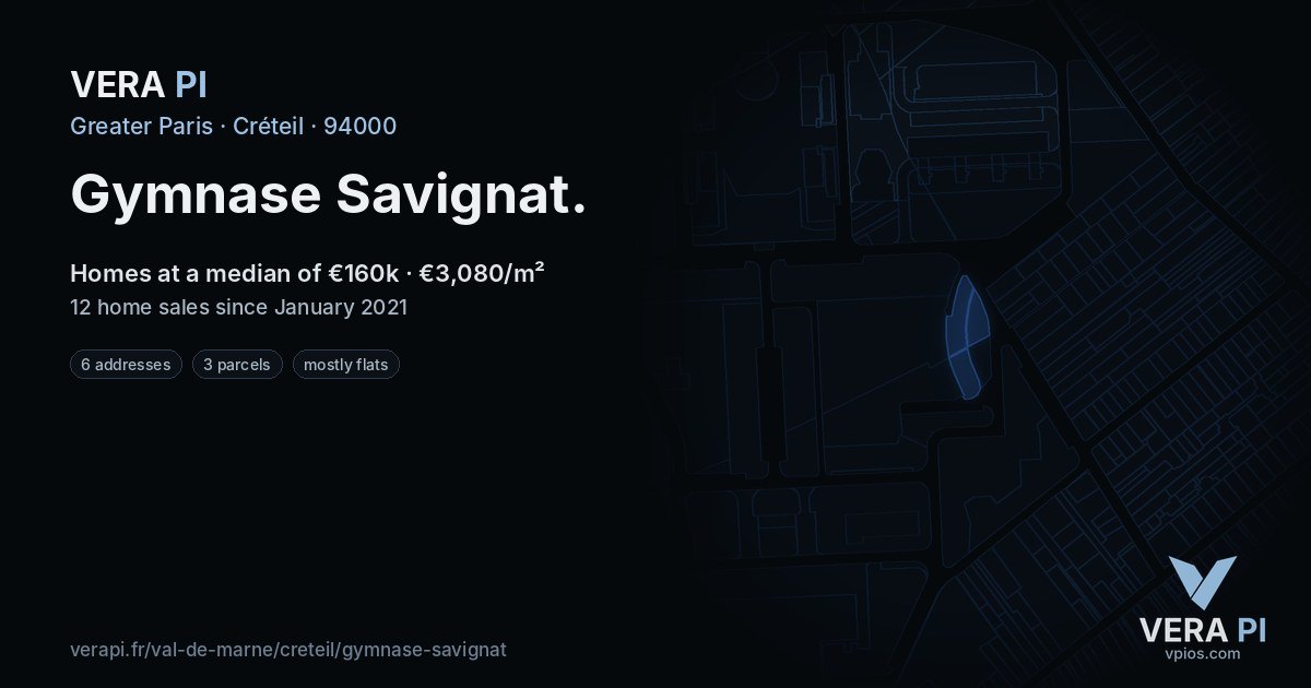 Gymnase Savignat, Créteil at night – every parcel coloured by the prices around it, the street's own parcels lit