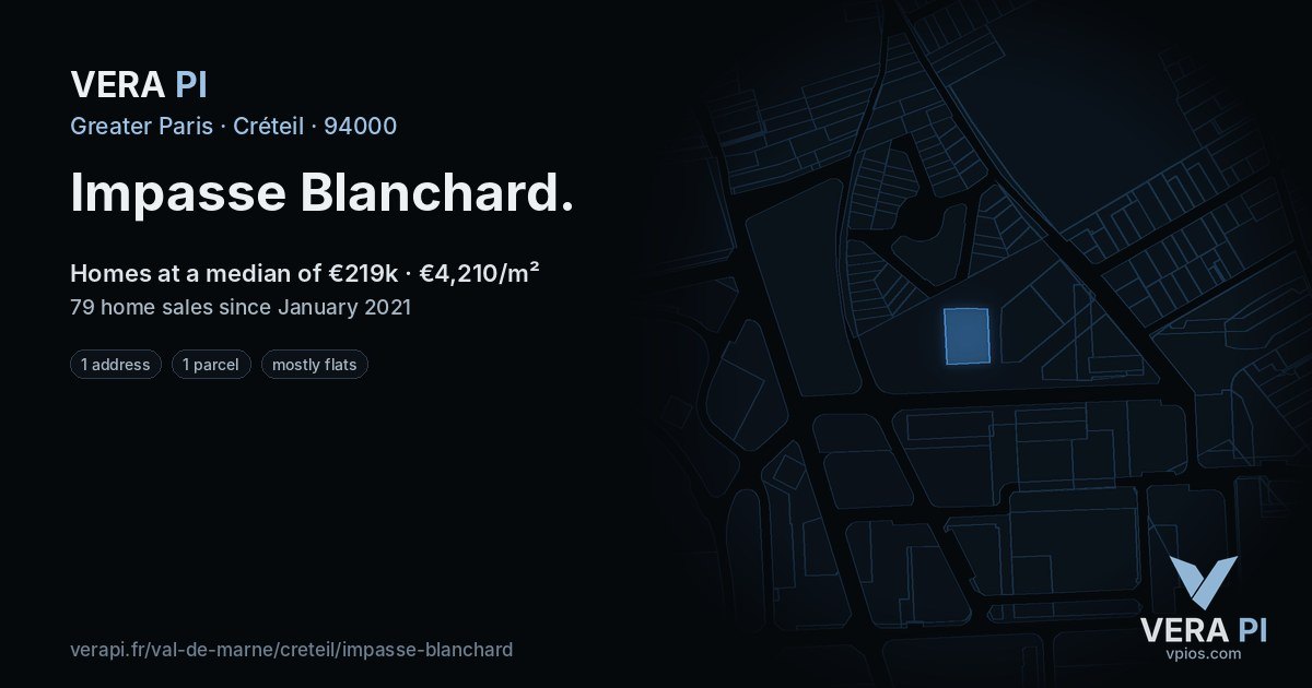 Impasse Blanchard, Créteil at night – every parcel coloured by the prices around it, the street's own parcels lit