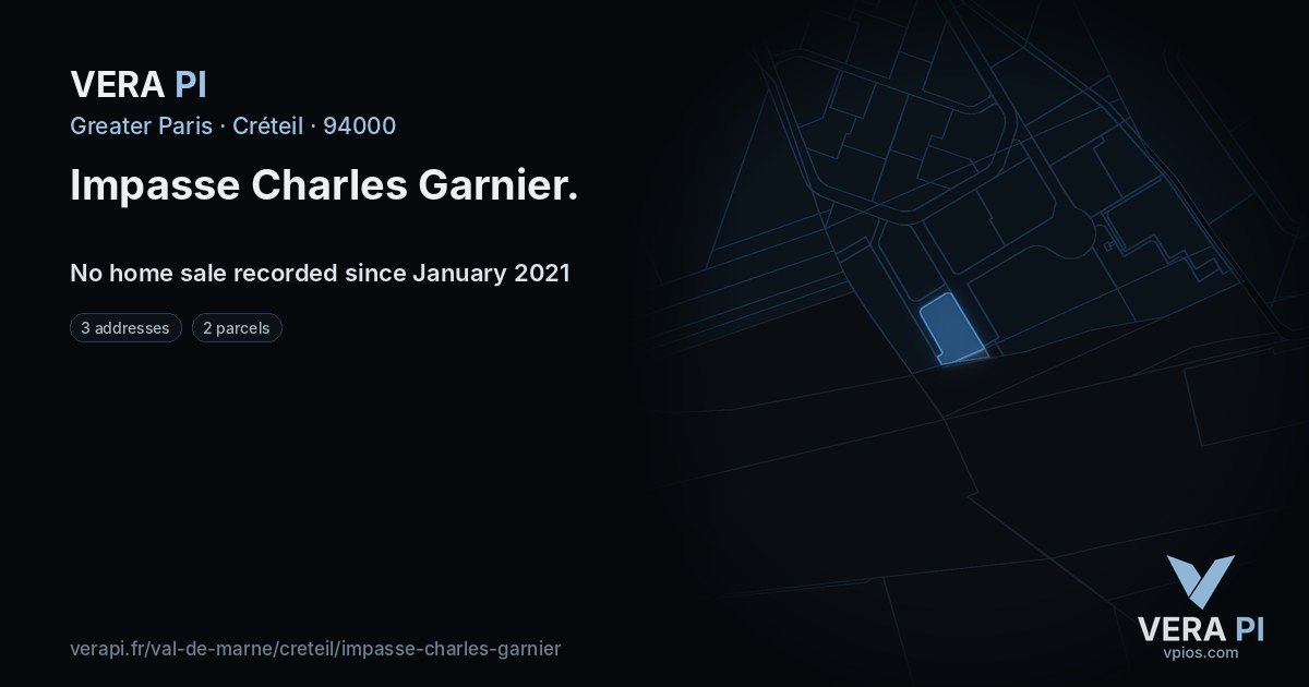 Impasse Charles Garnier, Créteil at night – every parcel coloured by the prices around it, the street's own parcels lit