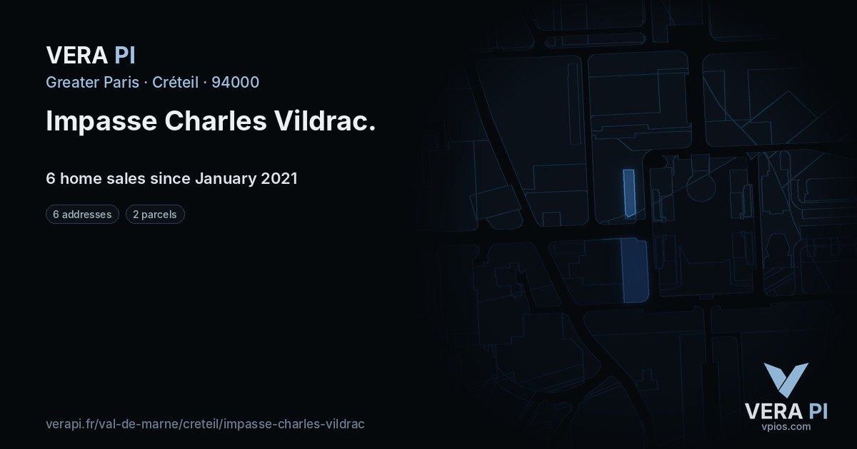 Impasse Charles Vildrac, Créteil at night – every parcel coloured by the prices around it, the street's own parcels lit
