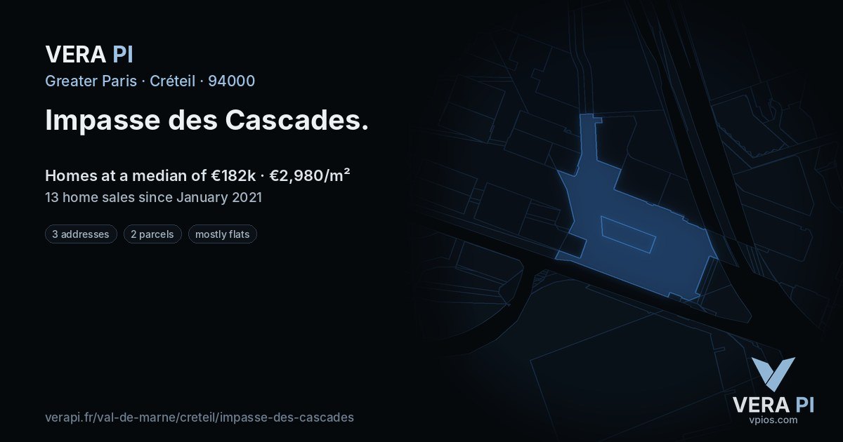 Impasse des Cascades, Créteil at night – every parcel coloured by the prices around it, the street's own parcels lit