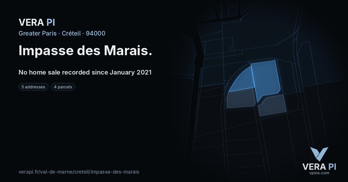 Impasse des Marais, Créteil at night – every parcel coloured by the prices around it, the street's own parcels lit